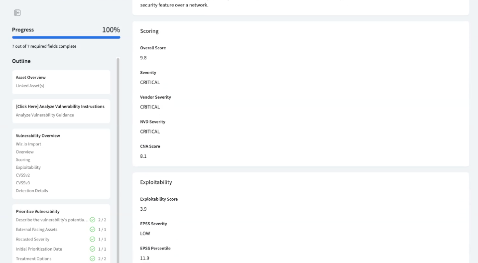 The Scoring and Exploitability sections of a vulnerability record.