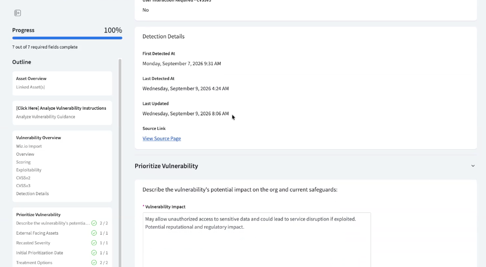 The Detection Details section of a vulnerability record, showing first detected, last detected, last updated, and a View Source Page link, followed by the start of the Prioritize Vulnerability section.