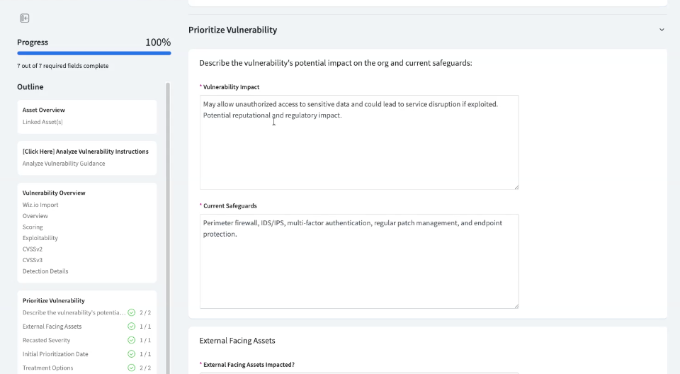 The Prioritize Vulnerability section with the Vulnerability Impact and Current Safeguards text fields filled in.