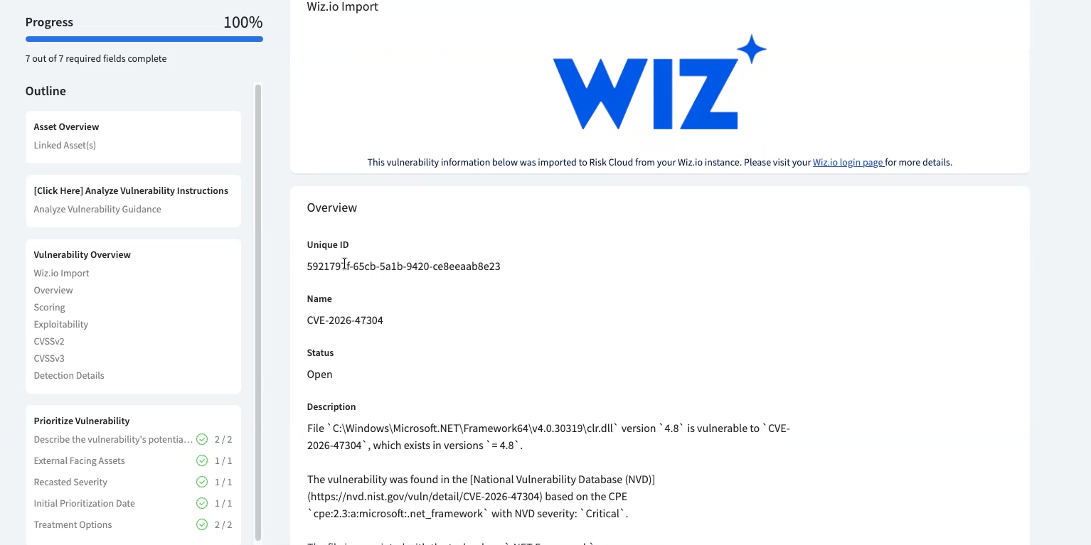 The Wiz.io Import banner and Overview section of a vulnerability record, with the Outline sidebar showing progress through the record.