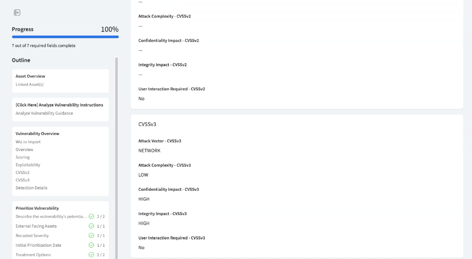 The CVSSv2 and CVSSv3 sections of a vulnerability record.