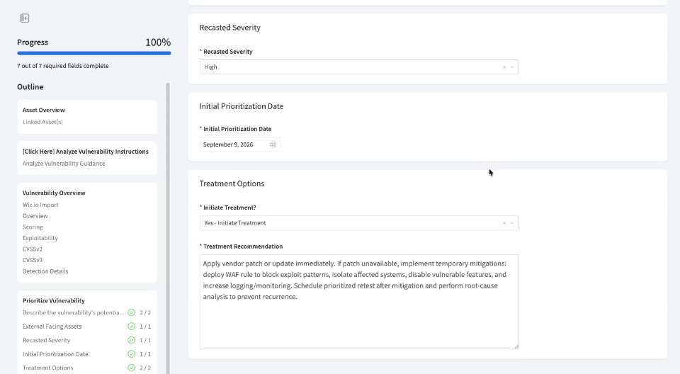 The Recasted Severity, Initial Prioritization Date, and Treatment Options sections of a vulnerability record.
